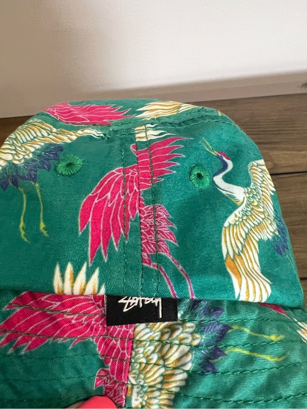 Stussy cotton teal bucket hat with crane birds size L/XL - Picture 2 of 8